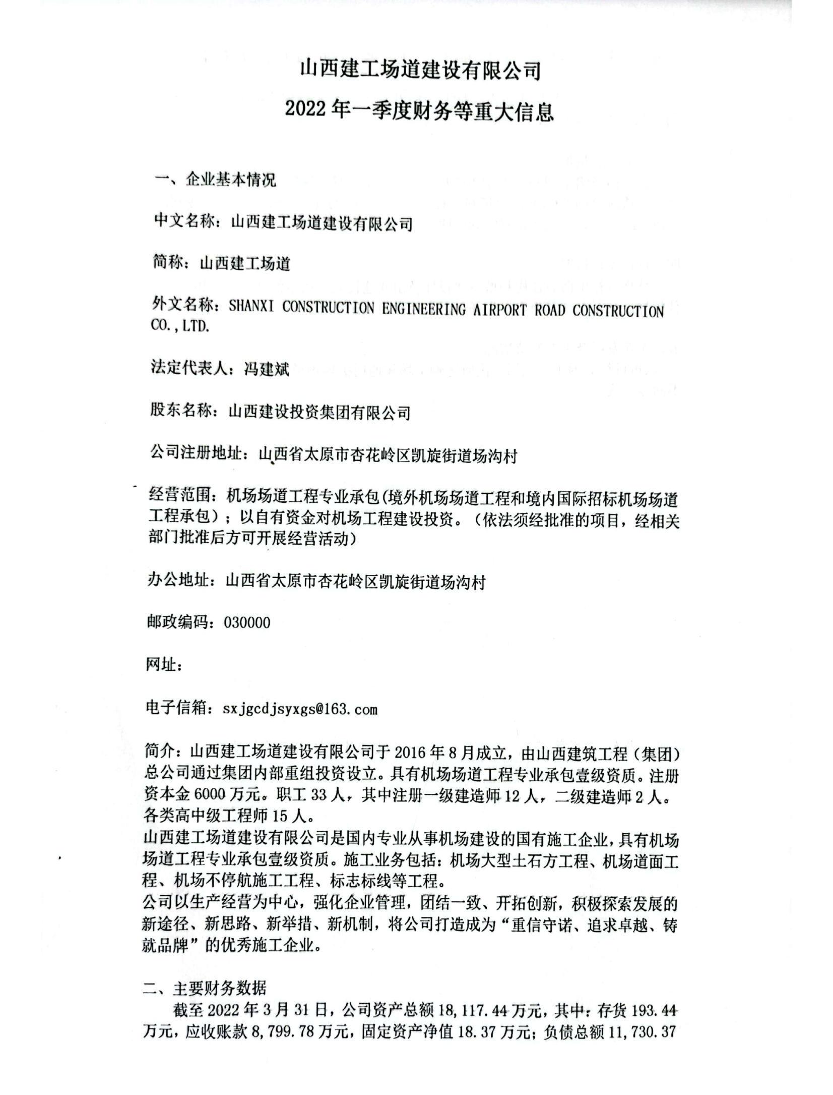 山西建工场道冰球突破有限公司2022年一季度财务等重大信息
