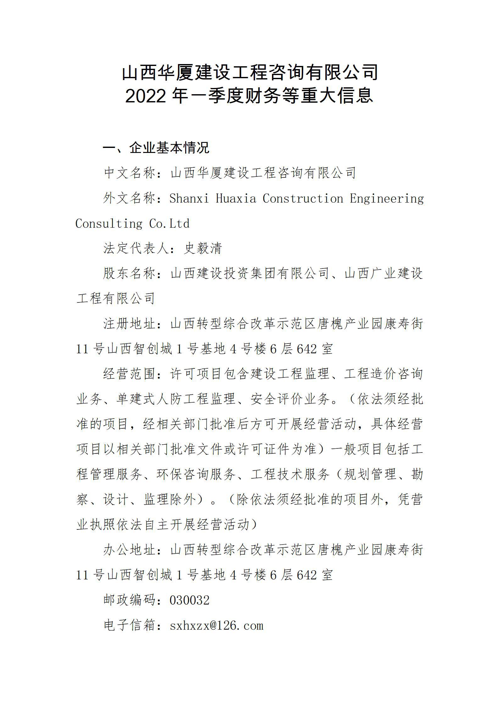山西华厦冰球突破工程咨询有限公司2022年一季度财务等重大信息