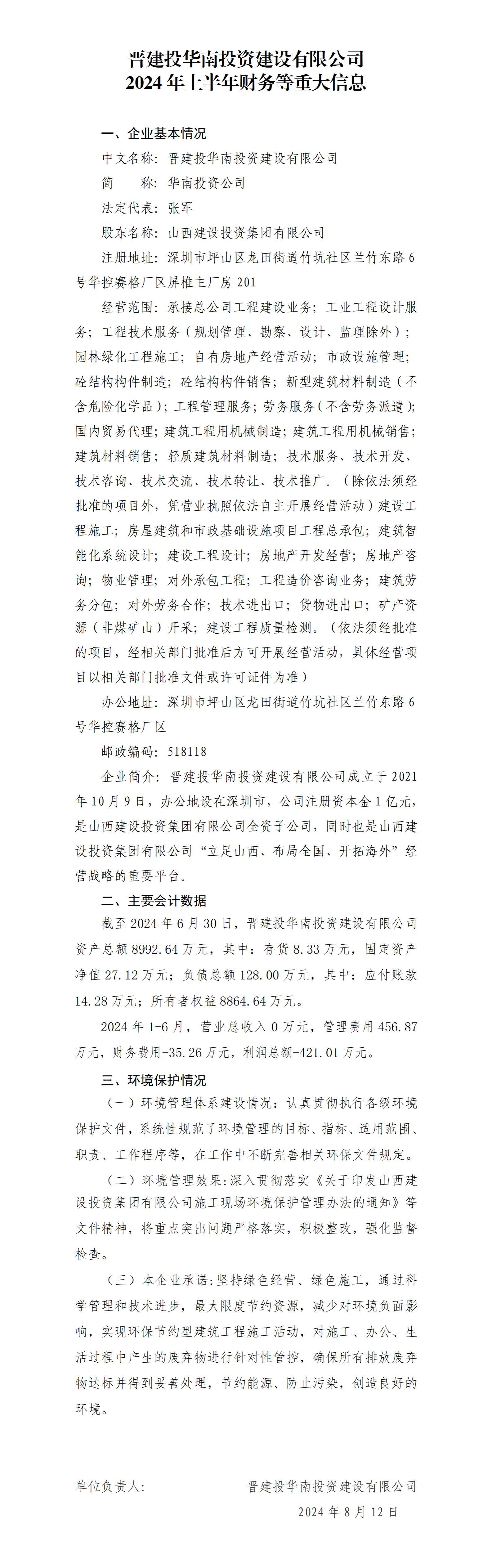 晋建投华南投资冰球突破有限公司2024年上半年财务等重大信息