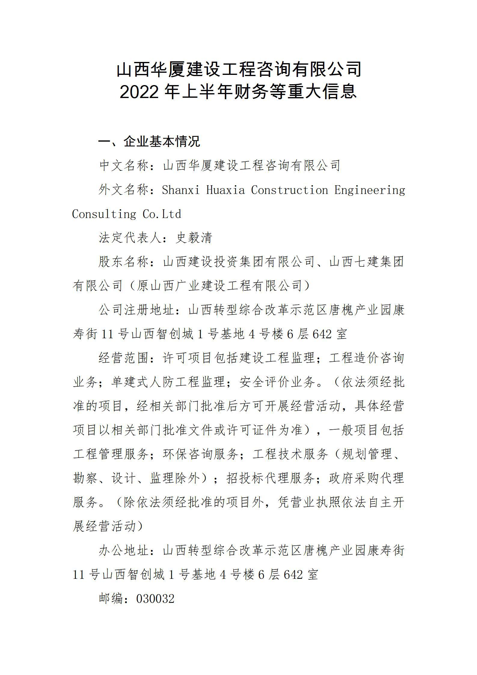 山西华厦冰球突破工程咨询有限公司2022年上半年财务等重大信息